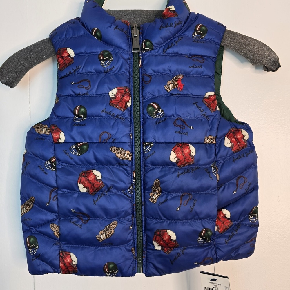 Polo Ralph Lauren Boys Green Blue Football Reversible Puffer Vest 2/2T NEW $135